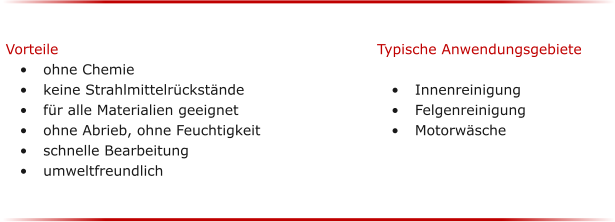 Vorteile 	ohne Chemie 	keine Strahlmittelrckstnde 	fr alle Materialien geeignet 	ohne Abrieb, ohne Feuchtigkeit 	schnelle Bearbeitung 	umweltfreundlich Typische Anwendungsgebiete  	Innenreinigung 	Felgenreinigung 	Motorwsche