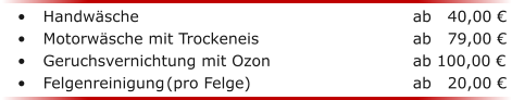 	Handwsche							ab   40,00  	Motorwsche mit Trockeneis				ab   79,00  	Geruchsvernichtung mit Ozon				ab 100,00  	Felgenreinigung	(pro Felge) 				ab   20,00 